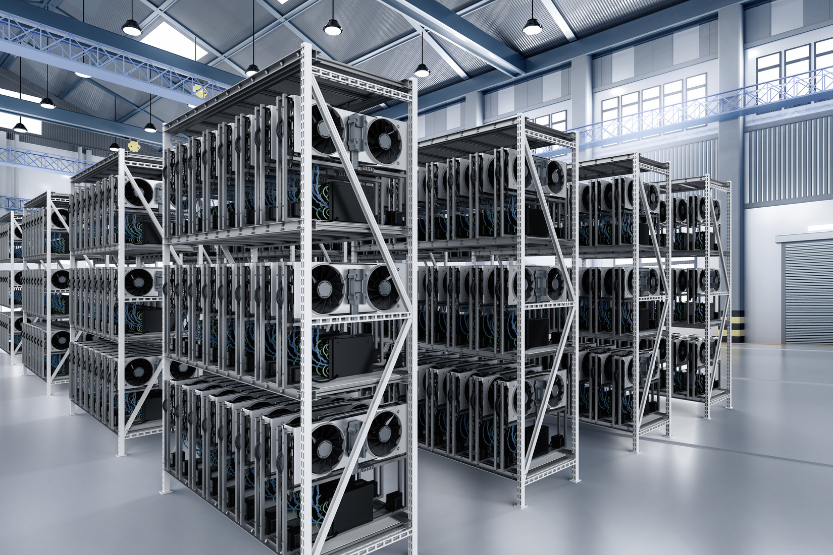 crypto mining farm with graphic card or gpu rack in warehous
